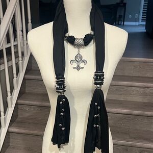 Black Scarf with Silver Fleur-de-lis Pendant